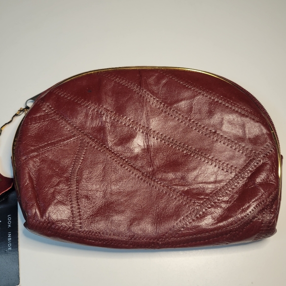 Vintage Set 4 Burgundy Red Leather Patchwork Zip Cosmetic Bag Coin Purse Makeup - Picture 6 of 11